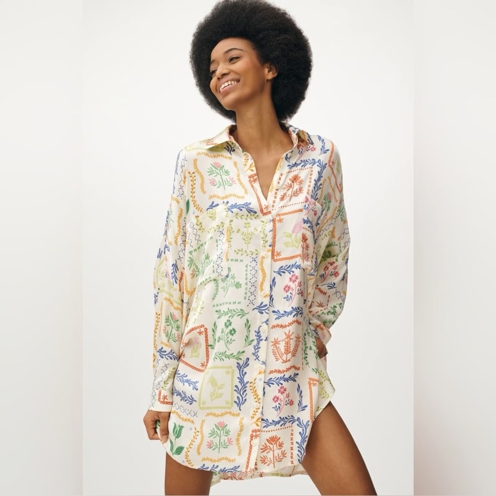 Corey Lynn Calter Anthropologie Colorful Floral Patchwork Shirt Dress - Medium - Picture 3 of 10